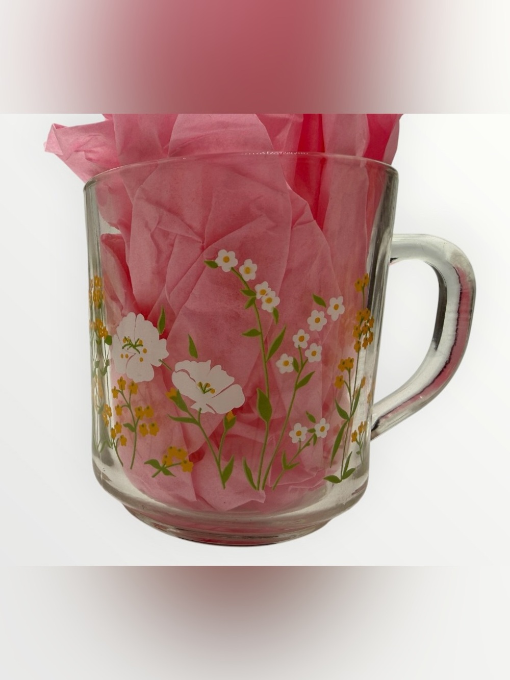 Luminarc France Vintage Clear Glass Floral Mug with White & Yellow Flower Design
